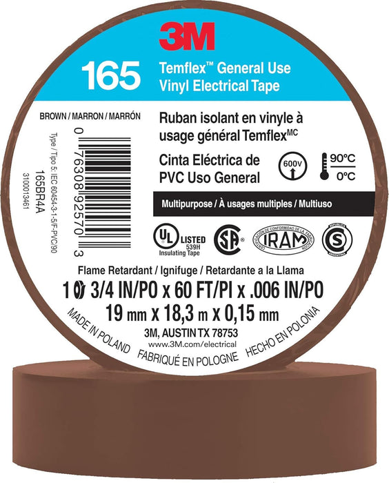 3M Temflex Multi-Purpose Vinyl Electrical Tape 165, Brown, 3/4 in x 60 ft , 10 Roll Pack