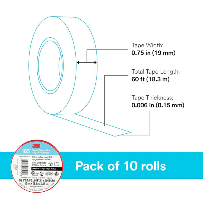 3M Temflex Multi-Purpose Vinyl Electrical Tape 165, Red, 3/4 in x 60 ft, 10 Roll Pack