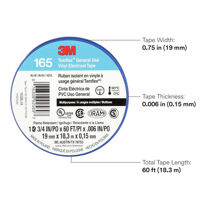 3M Temflex Multi-Purpose Vinyl Electrical Tape 165, Blue, 3/4 in x 60 ft , 10 Roll Pack