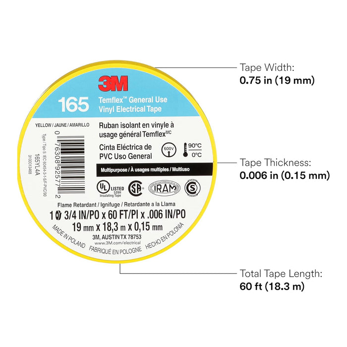 3M Temflex Multi-Purpose Vinyl Electrical Tape 165, 3/4 in x 60 ft ,Yellow, 10 Roll Pack