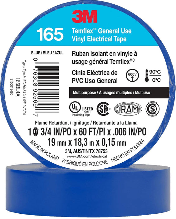 3M Temflex Multi-Purpose Vinyl Electrical Tape 165, Blue, 3/4 in x 60 ft , 10 Roll Pack