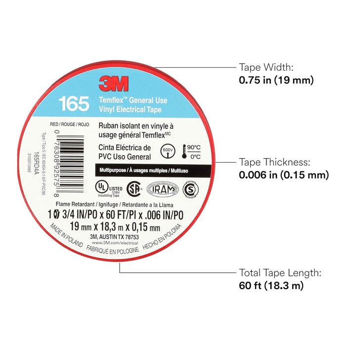 3M Temflex Multi-Purpose Vinyl Electrical Tape 165, Red, 3/4 in x 60 ft, 10 Roll Pack