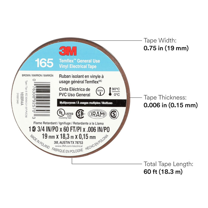 3M Temflex Multi-Purpose Vinyl Electrical Tape 165, Brown, 3/4 in x 60 ft , 10 Roll Pack