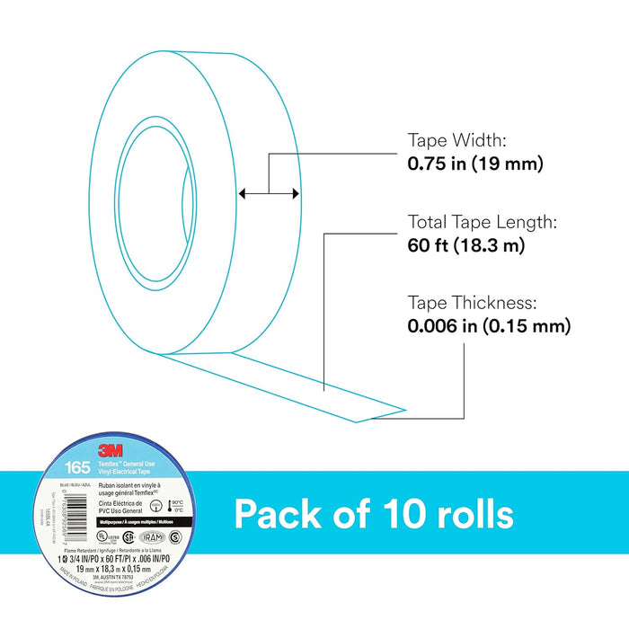 3M Temflex Multi-Purpose Vinyl Electrical Tape 165, 3/4 in x 60 ft ,Yellow, 10 Roll Pack