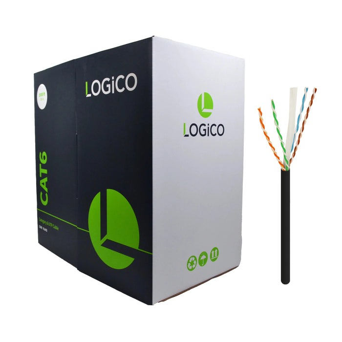 Logico C6EU2807 Cat6 UTP 23 AWG 550Mhz Pure Copper Bulk Ethernet Network Cable Riser Black 1000ft