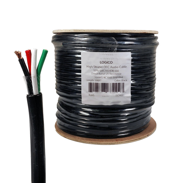 Speaker Wire Audio Cable 16/4 AWG In-Wall Outdoor Direct Burial UV Black 500ft