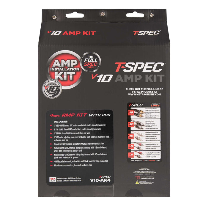 T-Spec V10-AK4 4-Gauge Tinned OFC 2100W Marine Grade Amplifier Wiring Kit with RCA Cable