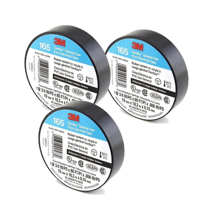 3M Temflex Vinyl Electrical Tape 165 Multi-purpose 3/4" X 60FT Black (3-50 pack) 3M