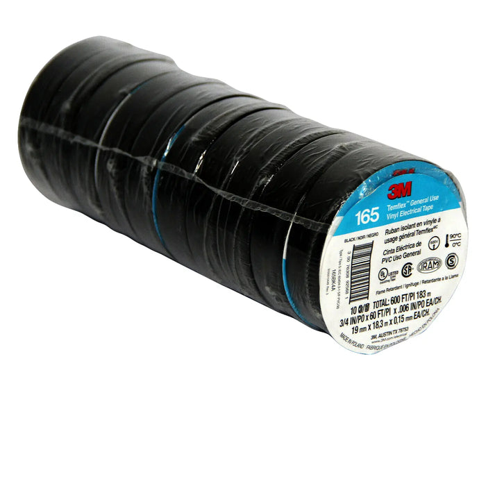 3M Temflex Vinyl Electrical Tape 165 Multi-purpose 3/4" X 60FT Black (3-50 pack) 3M