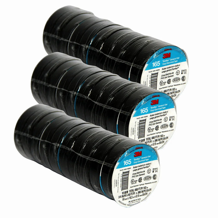 3M Temflex Vinyl Electrical Tape 165 Multi-purpose 3/4" X 60FT Black (3-50 pack) 3M