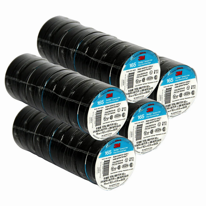 3M Temflex Vinyl Electrical Tape 165 Multi-purpose 3/4" X 60FT Black (3-50 pack) 3M