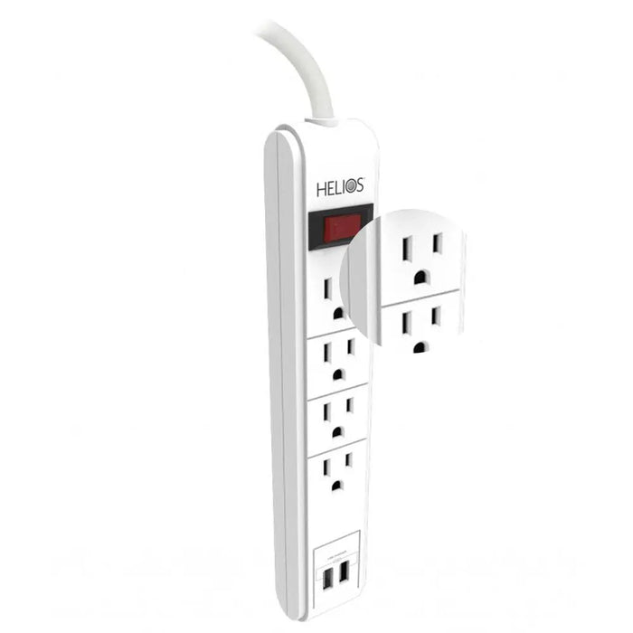 4 Outlet Surge Protector with 2 2.1A USB Charging Ports 6 feet Long - White Helios