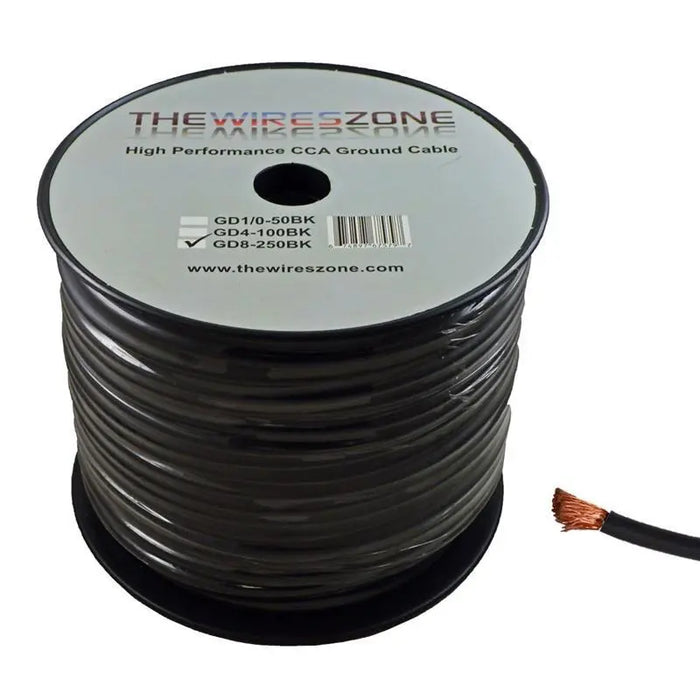 8 Gauge 250 Feet High Performance Amplifier Power/Ground Cable (Black) The Wires Zone