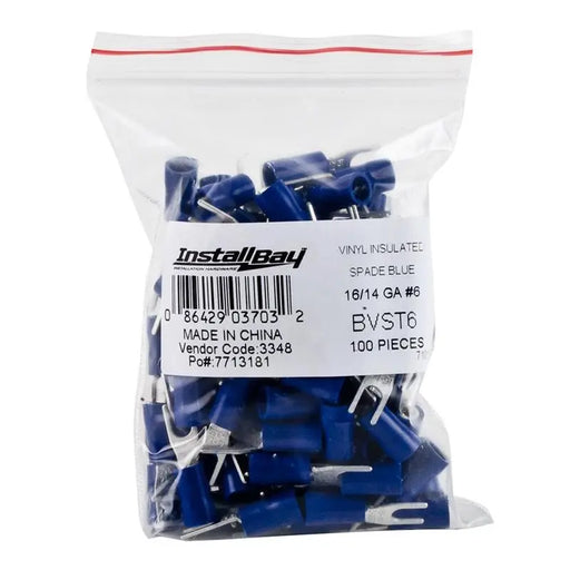 Install Bay BVST6 Blue Vinyl 16-14 Gauge #6 Spade Terminal (100/pack) The Install Bay