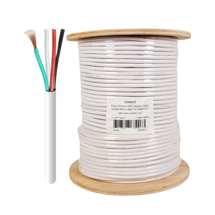 Logico SWC1404WH-500 In Wall Audio Speaker Cable Wire 14/4 AWG OFC Pure Copper 500ft White Logico