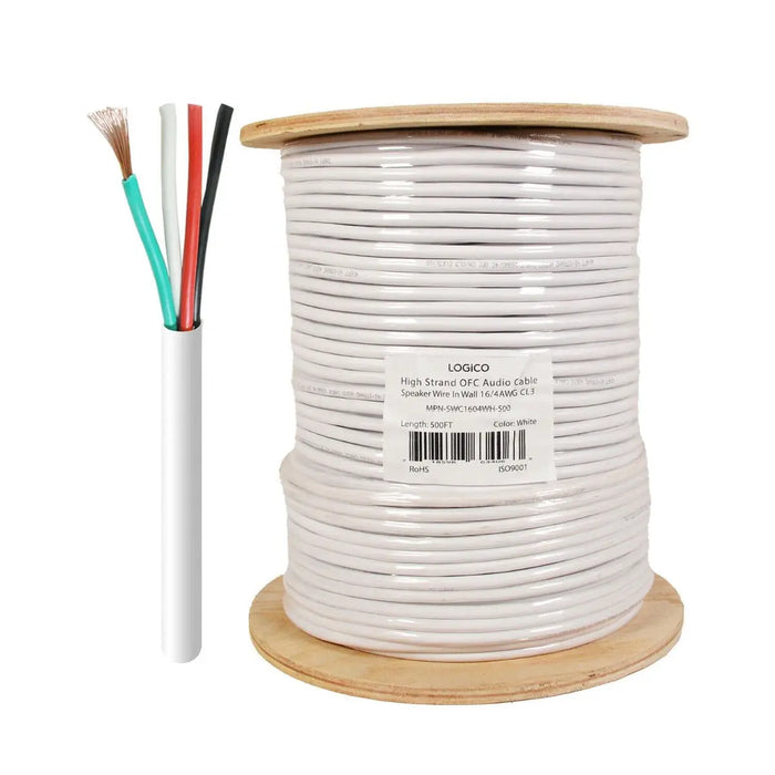 Logico SWC1604WH-500 In Wall Speaker Cable Wire 16/4 AWG OFC Pure Copper 500ft White Logico