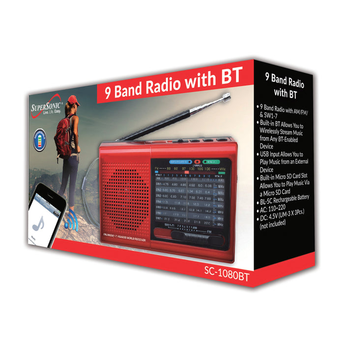 Supersonic SC-1080BT Red Rechargeable 9 Band AM/FM Bluetooth Radio